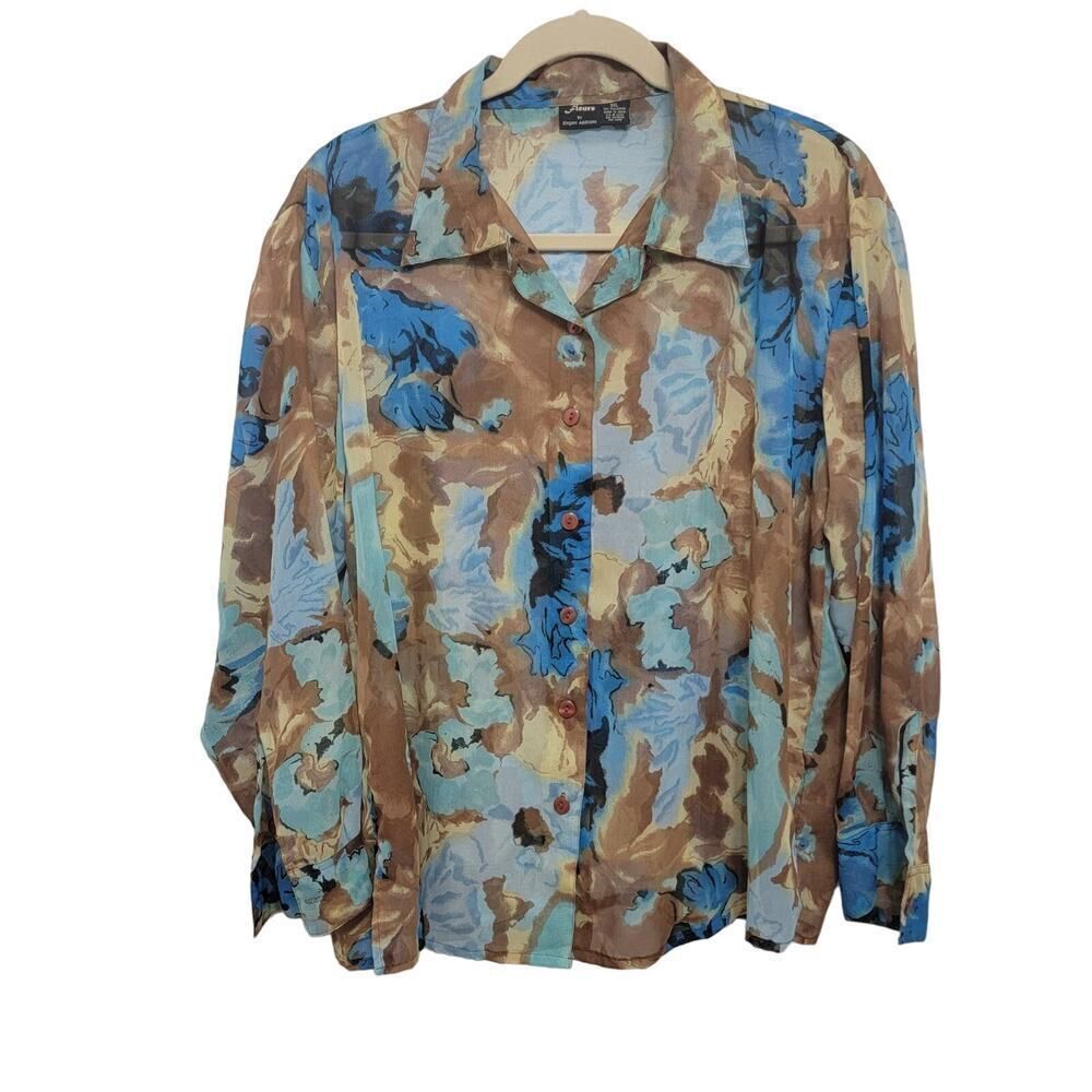 Fleur de Lis Collection Button Up Floral Sheer Blouse Blue Brown Size XXL VTG